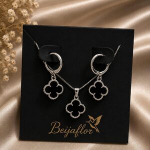 CONJUNTO COLAR BRINCO TREVO PRETO BANHADO PRATA