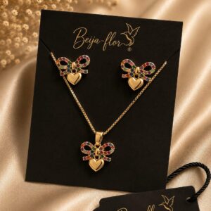 CONJUNTO COLAR E BRINCO INFANTIL COM ZIRCONIA COLORIDA BANHADO A OURO