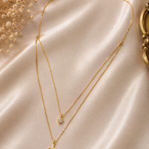 COLAR DUPLO CRUZ CORAÇÃO ZIRCONIA BANHADO A OURO