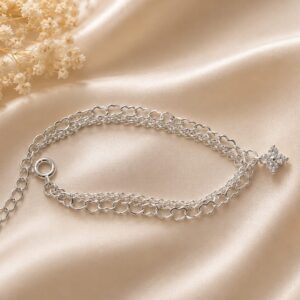 PULSEIRA DUPLA COM FLOR DE ZIRCONIA AJUSTAVEL BANHADO PRATA