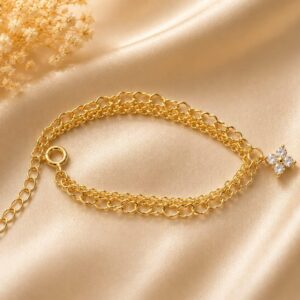 PULSEIRA DUPLA COM FLOR DE ZIRCONIA AJUSTAVEL BANHADO A OURO